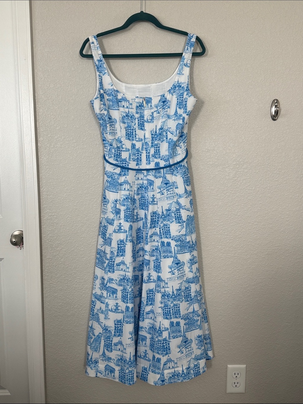 Karl Lagerfeld Blue & White Scenic Midi Dress with Tie Waist - Picture 6 of 9